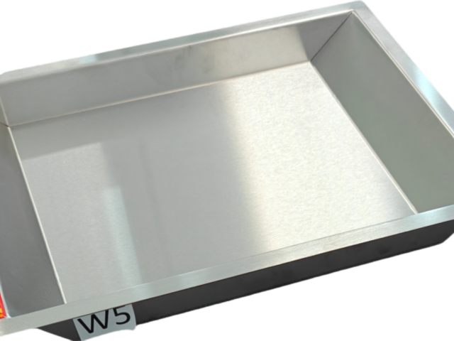 Side view of MEGAL W5 stainless steel open cash tray showing tray depth and design